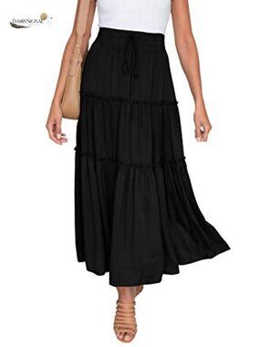Womens Boho Maxi Skirt Elastic High Waist A Line Tiered Flowy Beach Long Skirt